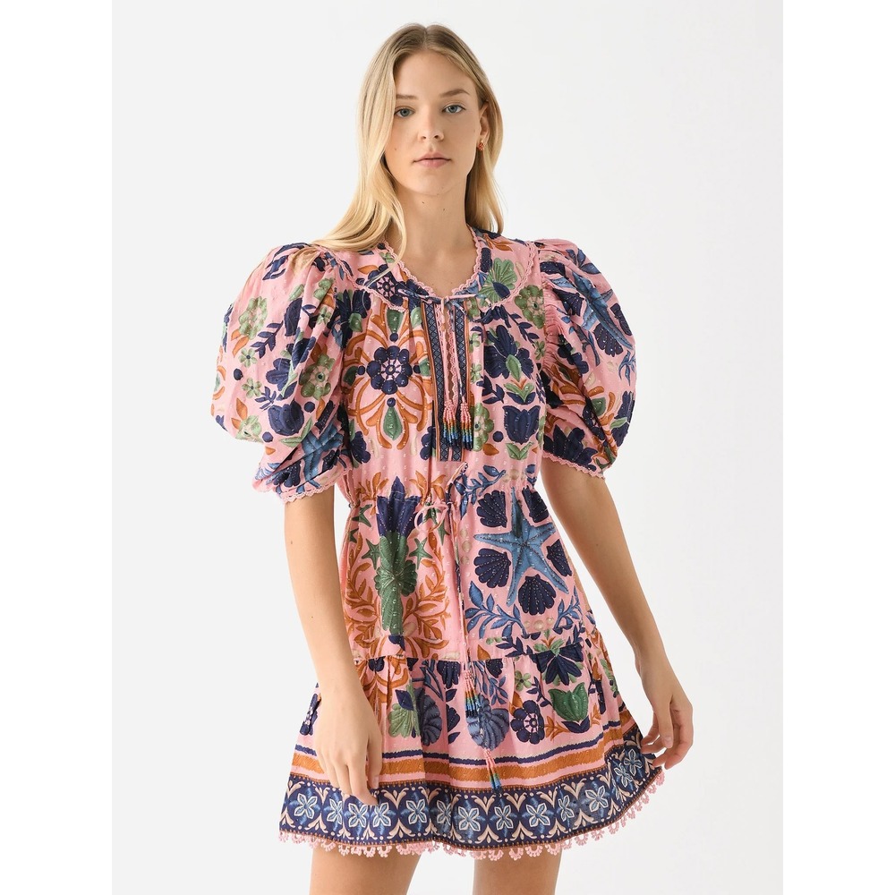 Farm Rio Mini Dress Pink Embroidered Sea Creatures Puff Sleeve